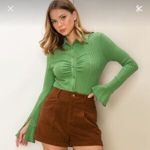 HYFVE Cozy Central Brushed Rib Knit Bell Sleeve Cropped Shirt